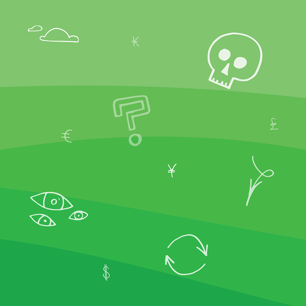 A skull, eyes, recycling symbol, eyes and question mark hand draw to a green background to represent pollution and unethical business behaviors
