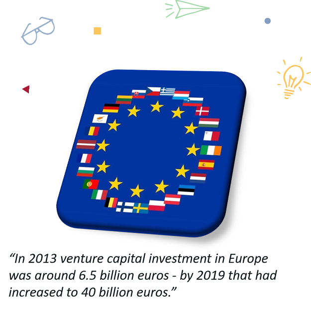 Venture Capital investment in Europe quote with EU participants flag